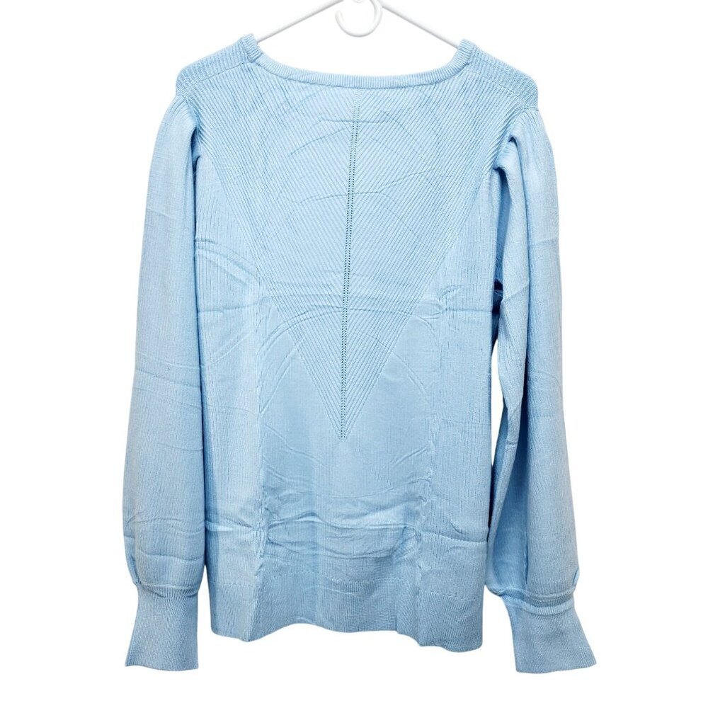 Light Blue Knitted Pullover Sweater Womens Size 2XL Ribbed Pattern Puff Sleeves